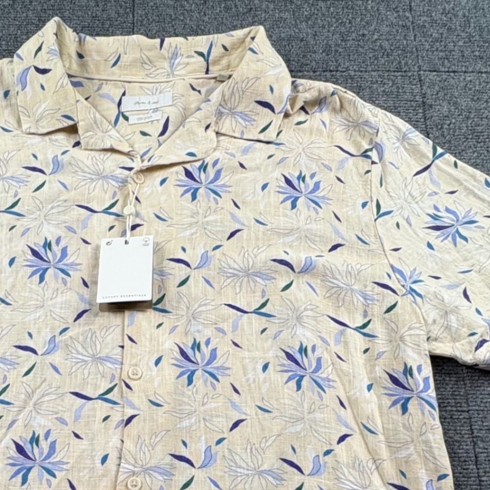Porter & Ash Mens XL Linen Blend Short Sleeve Floral Camp Shirt Cream Blue NEW